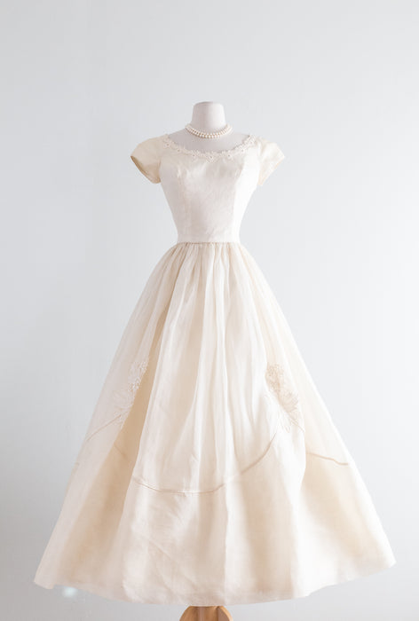 SALE 1950's Ivory Cotton Wedding Dress By Cahill With Full Skirt and C ...