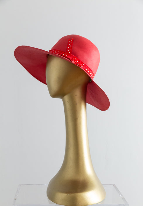 Fabulous Vintage Red Wide Brim Straw Hat With Polka Dot Band From Saks Fifth Ave.
