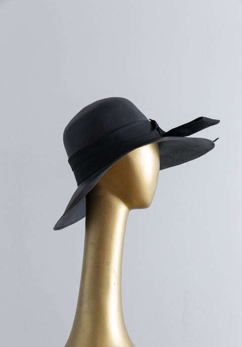Fabulous Vintage Black Wide Brim Straw Hat With Grosgrain Ribbon From Joseph Magnin