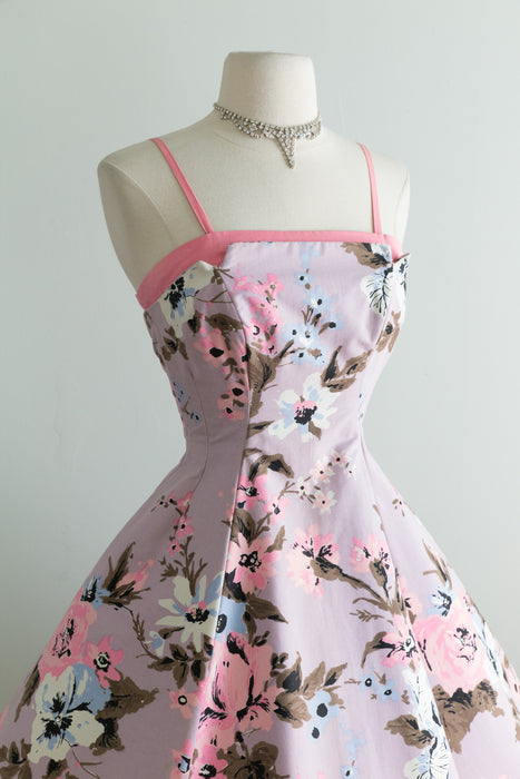 Stunning 1950's Floral Print Cotton Party Dress / Waist 24