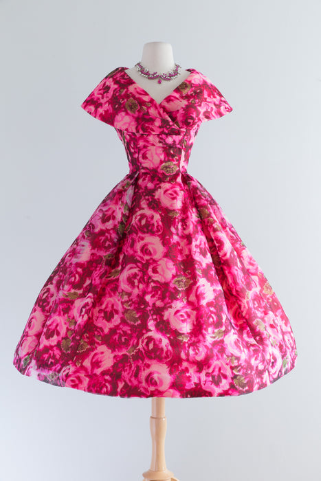 Spectacular 1950's Rose Print Silk Party Dress With Shawl Collar & Full Skirt/ Waist 26