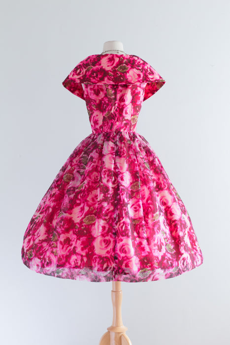 Spectacular 1950's Rose Print Silk Party Dress With Shawl Collar & Full Skirt/ Waist 26