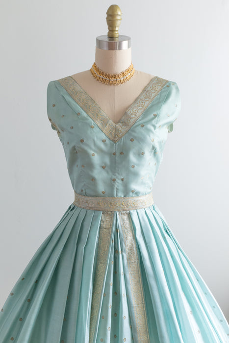 Exquisite 1950's Aqua & Gold Silk Sari Cocktail Dress / Waist 26