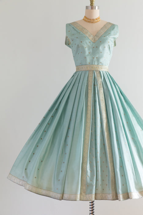 Exquisite 1950's Aqua & Gold Silk Sari Cocktail Dress / Waist 26