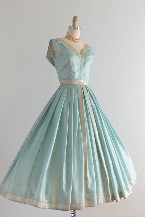 Exquisite 1950's Aqua & Gold Silk Sari Cocktail Dress / Waist 26