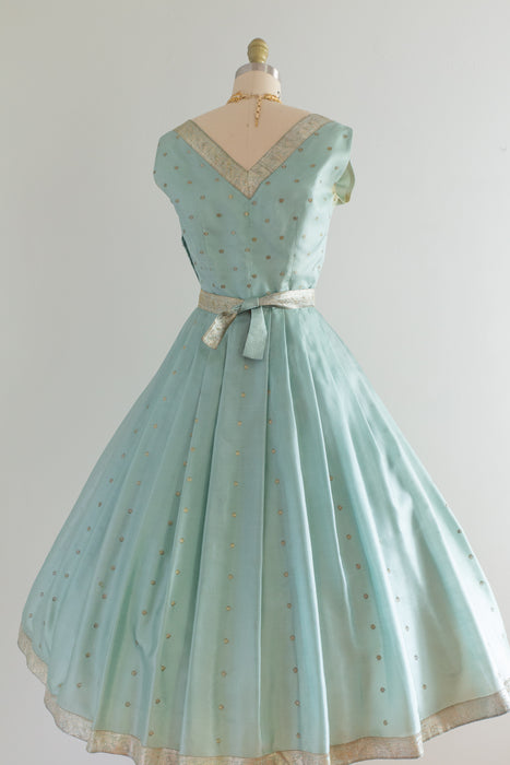 Exquisite 1950's Aqua & Gold Silk Sari Cocktail Dress / Waist 26