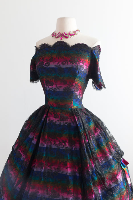 Spectacular 1950's Rainbow Couture Silk Party Dress With Black Lace / Waist 26