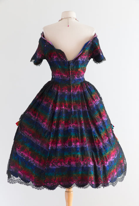 Spectacular 1950's Rainbow Couture Silk Party Dress With Black Lace / Waist 26