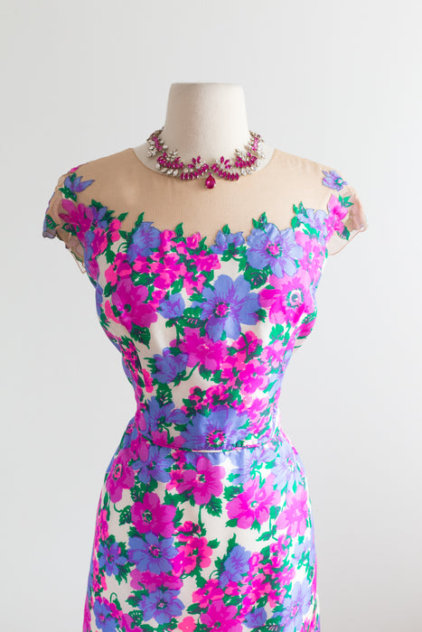 Vintage 1950's Peggy Hunt Silk Floral Print Cocktail Dress With Nude Illusion Neckline / Waist 31