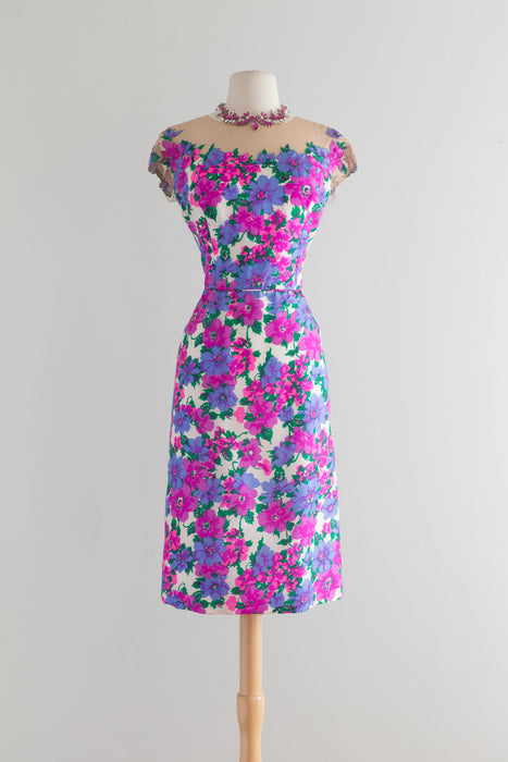 Vintage 1950's Peggy Hunt Silk Floral Print Cocktail Dress With Nude Illusion Neckline / Waist 31