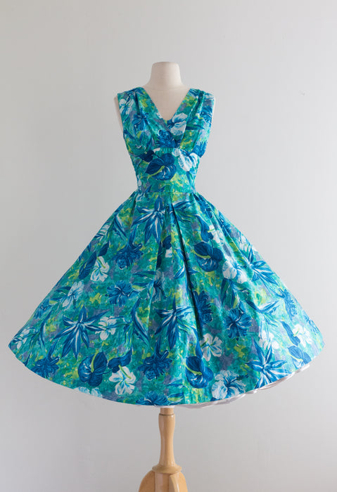 1950's Aikane Fashions Cotton Hawaiian Halter Dress with Tropical Print Full Skirt / Waist 26
