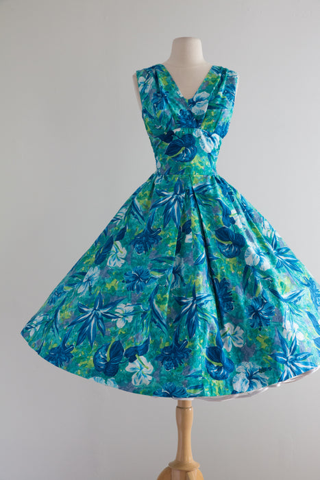 1950's Aikane Fashions Cotton Hawaiian Halter Dress with Tropical Print Full Skirt / Waist 26