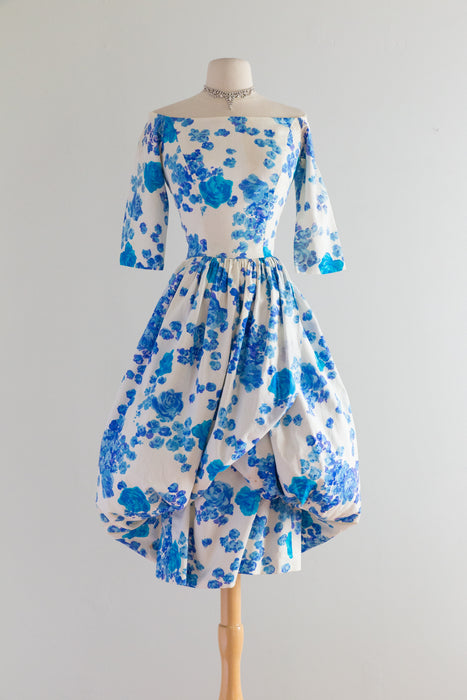 Dramatic 1950's Blue Floral High End Cotton Party Dress With Bubble Skirt / Waist 28