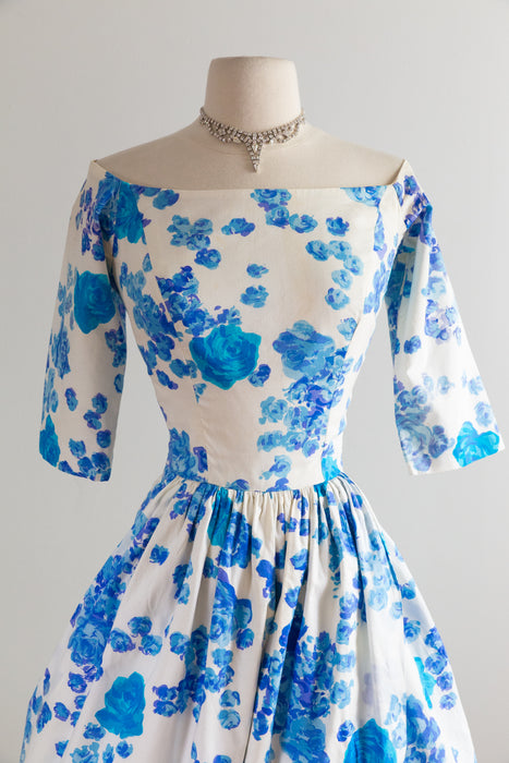 Dramatic 1950's Blue Floral High End Cotton Party Dress With Bubble Skirt / Waist 28