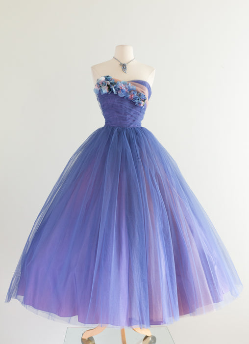 Stunning 1950's Blue Hydrangea Strapless Tulle Ball Gown / Waist 26