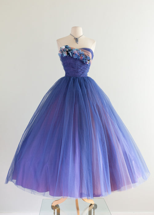 Stunning 1950's Blue Hydrangea Strapless Tulle Ball Gown / Waist 26