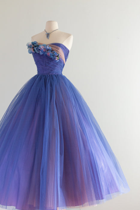 Stunning 1950's Blue Hydrangea Strapless Tulle Ball Gown / Waist 26