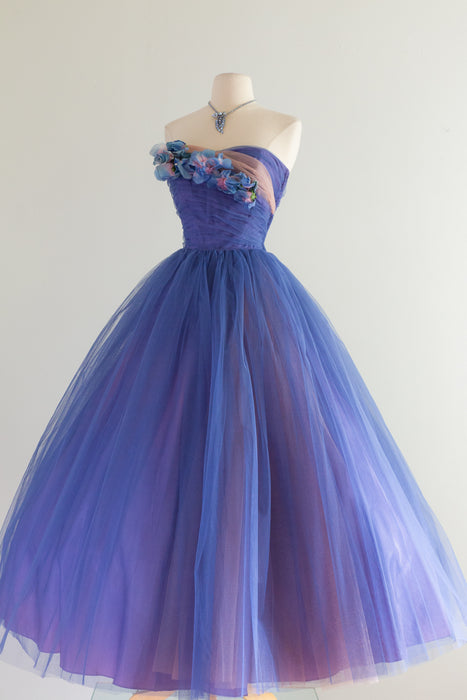 Stunning 1950's Blue Hydrangea Strapless Tulle Ball Gown / Waist 26