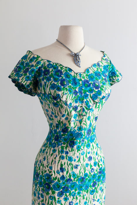 1950's Don Loper Saffron Cotton Floral Print Wiggle Dress / Waist 27