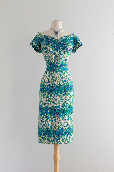 1950's Don Loper Saffron Cotton Floral Print Wiggle Dress / Waist 27