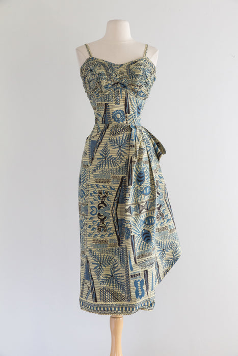 1950's Nani of Hawaii Hawaiian Print Cotton Sarong Dress with Jacket / Waist 28