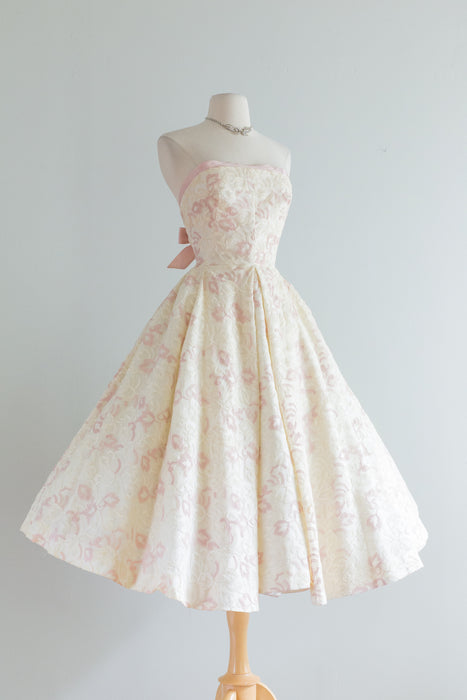Exquisite 1950's Embroidered Ivory Silk Organza Strapless Party Dress with Bolero   / Waist 24