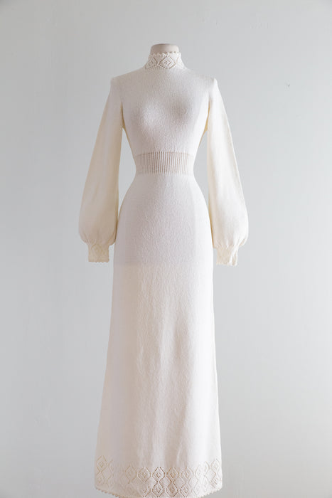 1970's Ivory Knit Wedding Dress With High Neck and Bishop Sleeves / SM