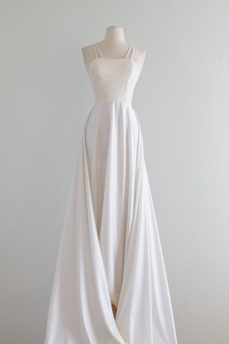 Dreamy 1970's Swirling Ivory Wedding Gown With Straps and Long Train / XS