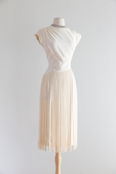 1940's Ivory Crepe Cocktail Dress With Fringe By Frank Tisch / Small