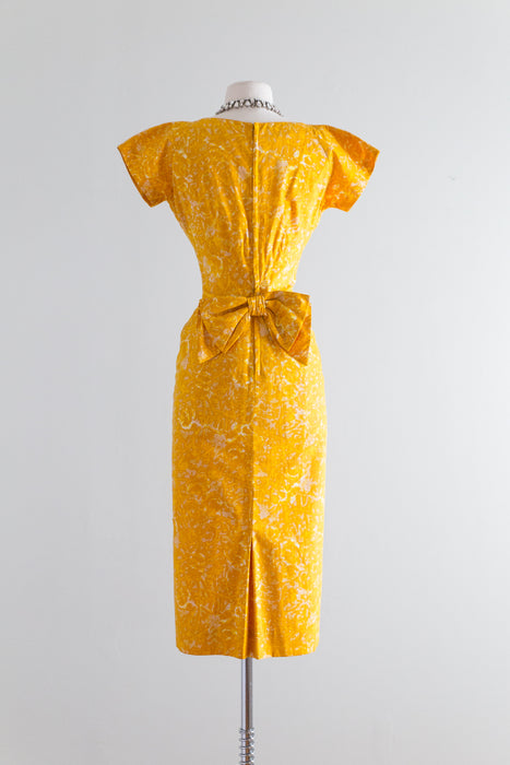 1950's Designer Don Loper Marigold Cotton Wiggle Dress / Waist 27