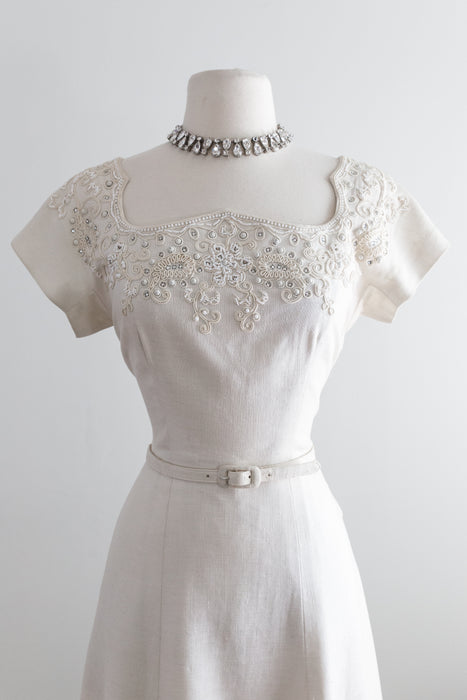 Exquisite Early 1950's Ivory Linen Wedding Dress With Embellished Neckline / Waist 28