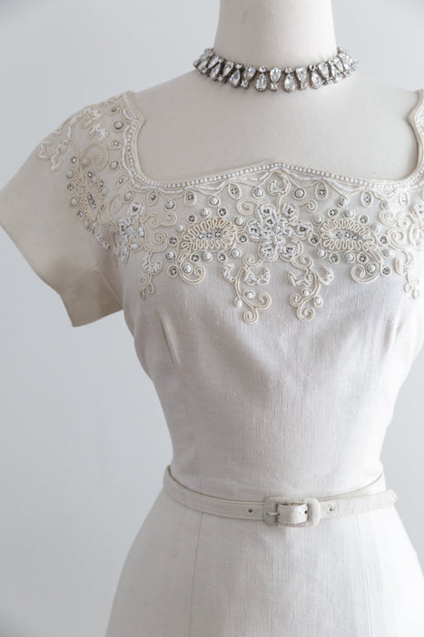 Exquisite Early 1950's Ivory Linen Wedding Dress With Embellished Neckline / Waist 28