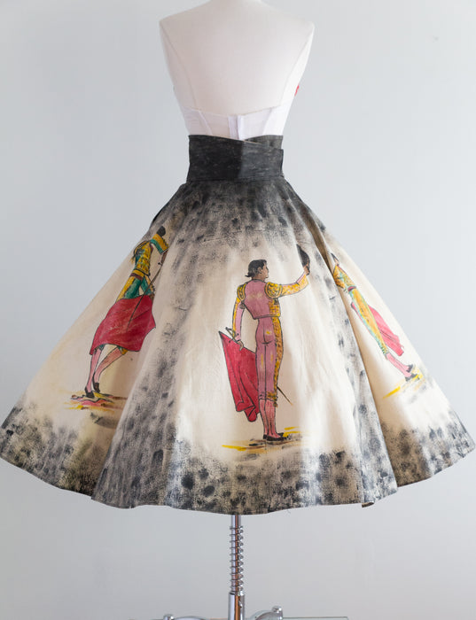 1950's Hand Painted Mexican Circle Skirt With Matadors / Small