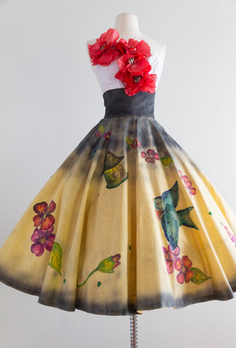 1950's Hand Painted Mexican Circle Skirt With Birds Signed By Artist / Small