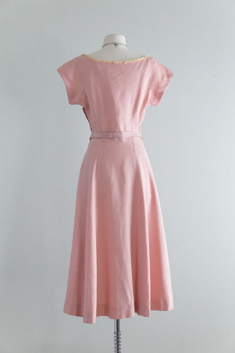 Exquisite Early 1950's Rose Pink Linen Party Dress With Embellished Neckline / Waist 28