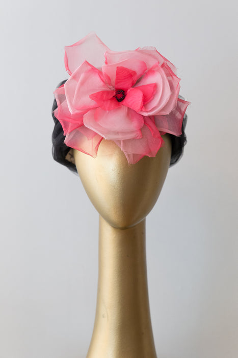 Vintage 1960's Black Whipped Tulle Hat With Pink Flower By Grace Adams