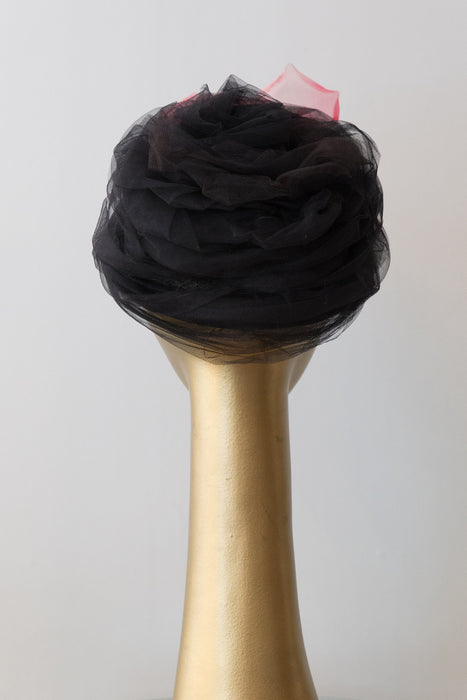 Vintage 1960's Black Whipped Tulle Hat With Pink Flower By Grace Adams