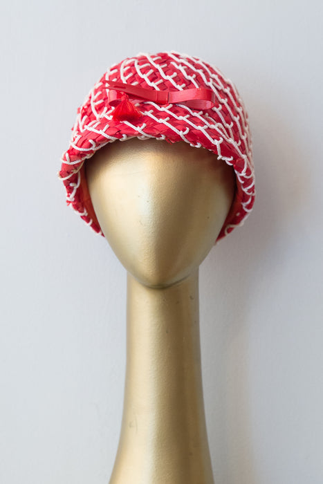 Vintage 1960's Red Straw MOD Hat By Adolfo