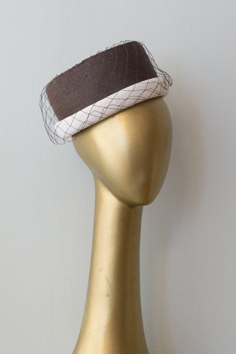 Vintage 1960's Brown & White Straw Pillbox Hat With Veil a Darcel Exclusive
