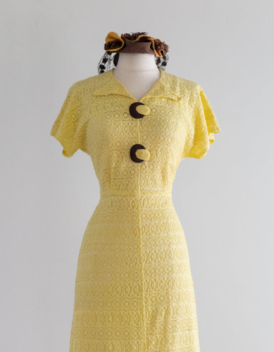 Darling 1930's Yellow Lace Day Dress With Chocolate Decorative Buttons / Medium