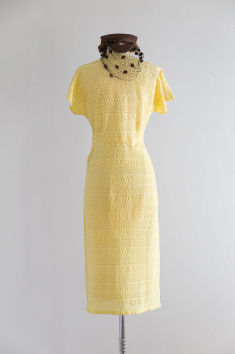 Darling 1930's Yellow Lace Day Dress With Chocolate Decorative Buttons / Medium