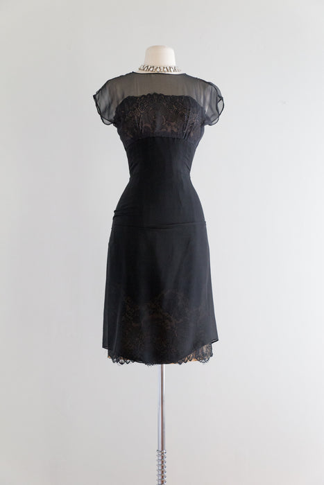 1950's Black Silk Chiffon & Fine French Lace Cocktail Dress By Philip Hulitar / Waist 26