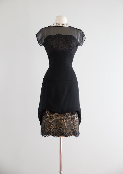 1950's Black Silk Chiffon & Fine French Lace Cocktail Dress By Philip Hulitar / Waist 26