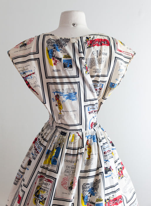 Rare 1950's Opera Themed Cotton Novelty Print Wrap Dress  / Waist 26-28