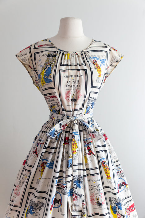 Rare 1950's Opera Themed Cotton Novelty Print Wrap Dress  / Waist 26-28