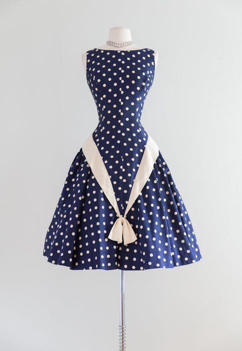1950's Navy Blue Polka Dot Sleeveless Party Dress / Waist 26