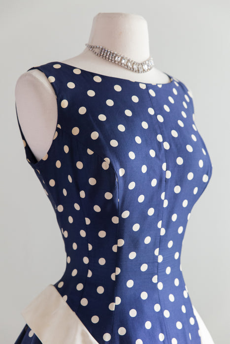 1950's Navy Blue Polka Dot Sleeveless Party Dress / Waist 26