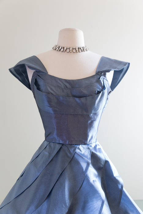 1950's Blue Waves Silk Organza Party Dress / Waist 26