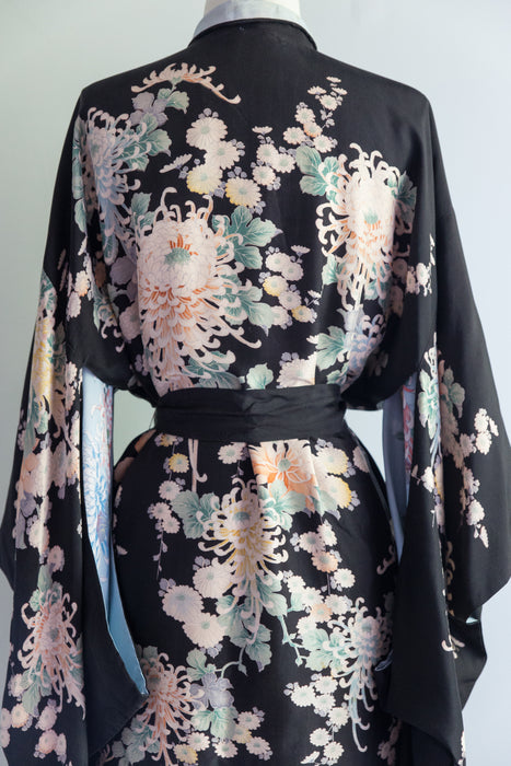 Gorgeous Vintage 1930's Black Floral Print Silk Kimono Wrapper / OS