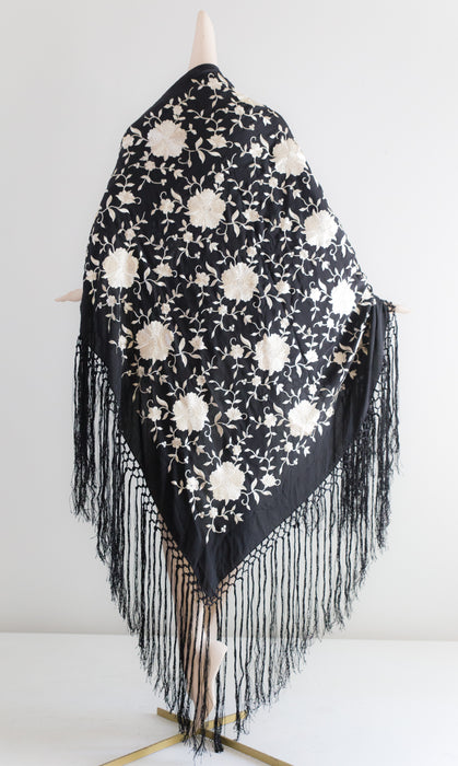 Vintage Black & White Embroidered Silk Piano Shawl Double Sided / Large